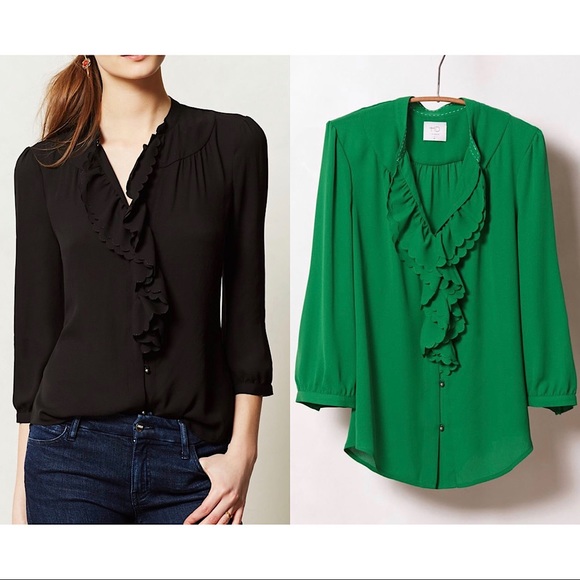 Anthropologie Tops - Anthropologie Green Ruffle Buttondown Blouse Sz 6